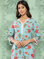 Janasya Women's Sky Blue Cotton Floral Printed Straight Casual Kurta Set | Grocsy