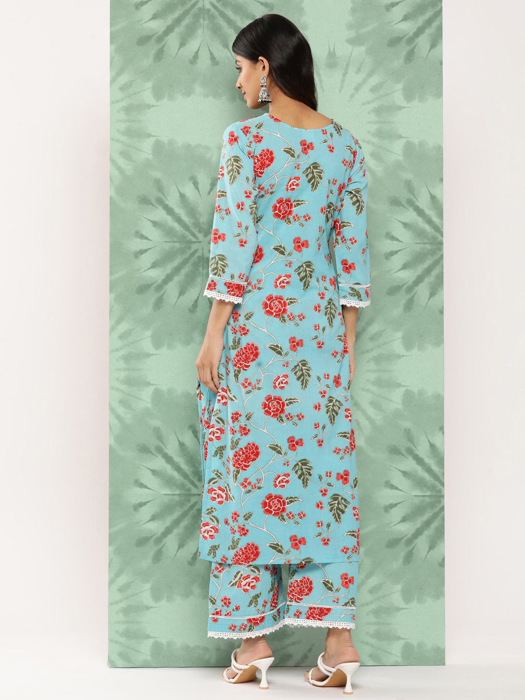 Janasya Women's Sky Blue Cotton Floral Printed Straight Casual Kurta Set | Grocsy