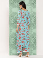 Janasya Women's Sky Blue Cotton Floral Printed Straight Casual Kurta Set | Grocsy