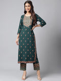 Janasya Women's Teal Green Rayon Foil Printed Straight Casual Kurta Set | Grocsy