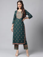 Janasya Women's Teal Green Rayon Foil Printed Straight Casual Kurta Set | Grocsy