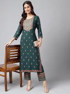 Janasya Women's Teal Green Rayon Foil Printed Straight Casual Kurta Set | Grocsy