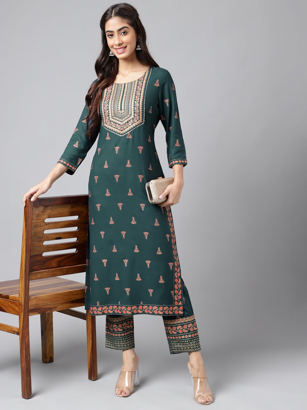 Janasya Women's Teal Green Rayon Foil Printed Straight Casual Kurta Set | Grocsy