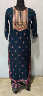 Janasya Women's Teal Green Rayon Foil Printed Straight Casual Kurta Set | Grocsy