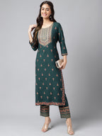 Janasya Women's Teal Green Rayon Foil Printed Straight Casual Kurta Set | Grocsy