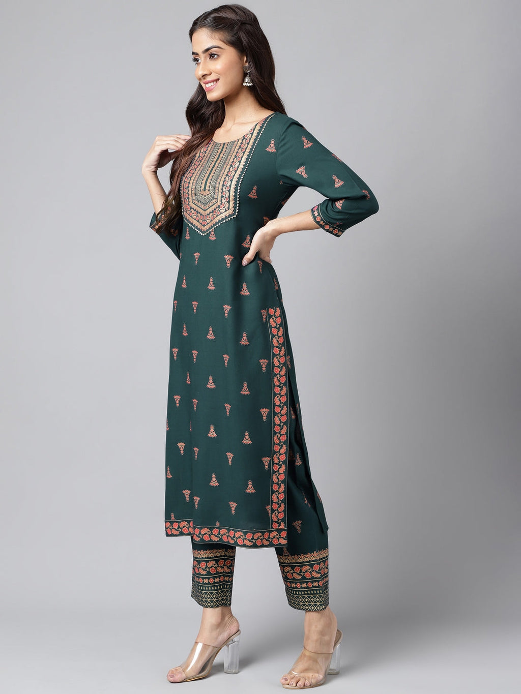 Janasya Women's Teal Green Rayon Foil Printed Straight Casual Kurta Set | Grocsy