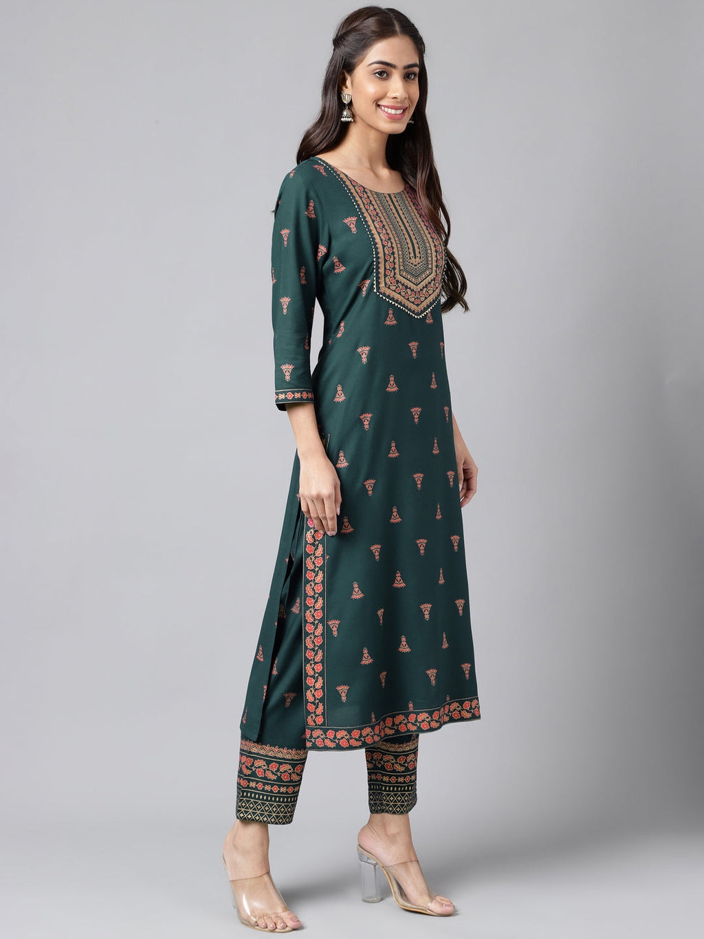 Janasya Women's Teal Green Rayon Foil Printed Straight Casual Kurta Set | Grocsy
