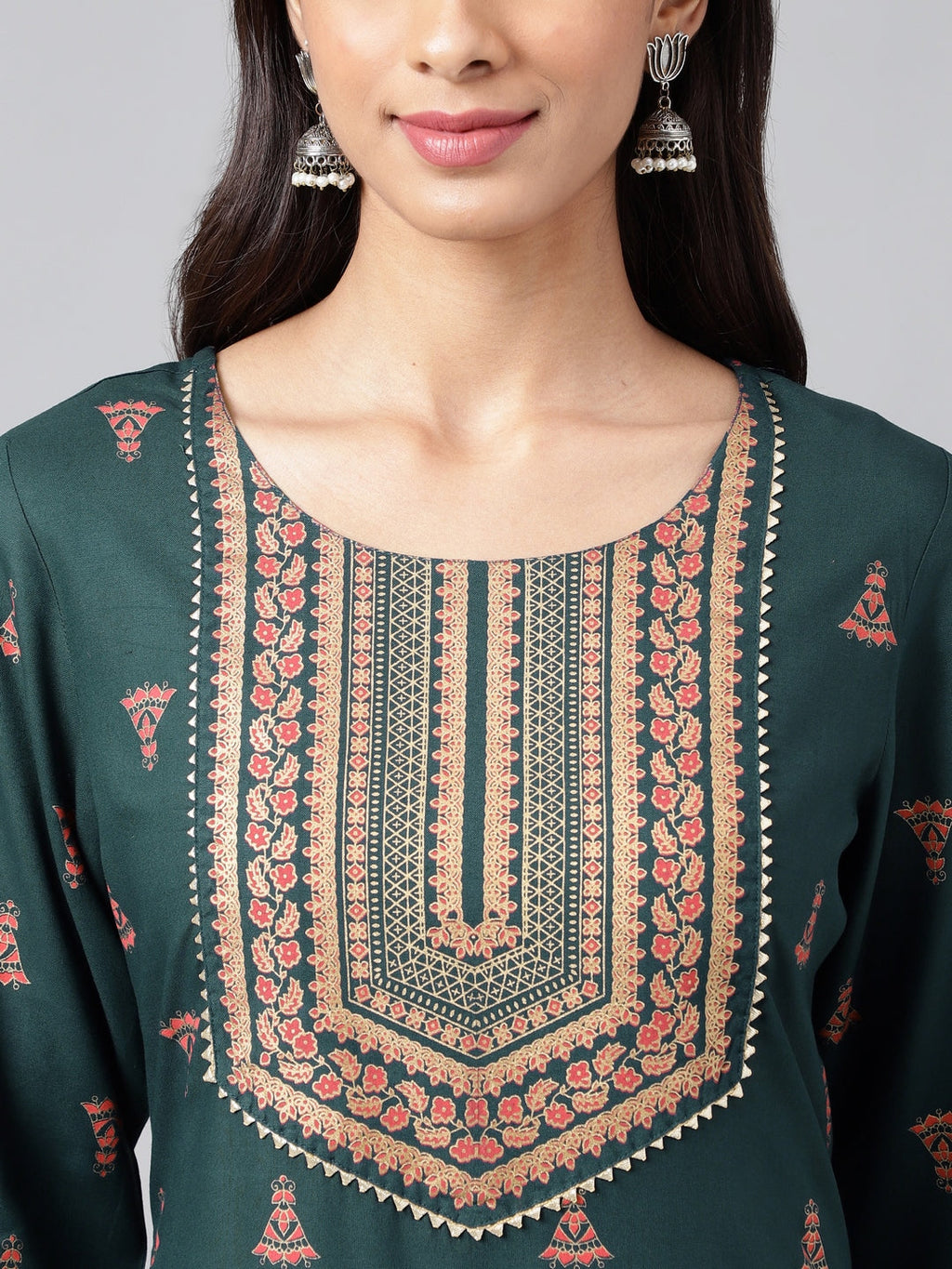 Janasya Women's Teal Green Rayon Foil Printed Straight Casual Kurta Set | Grocsy