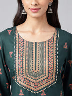 Janasya Women's Teal Green Rayon Foil Printed Straight Casual Kurta Set | Grocsy
