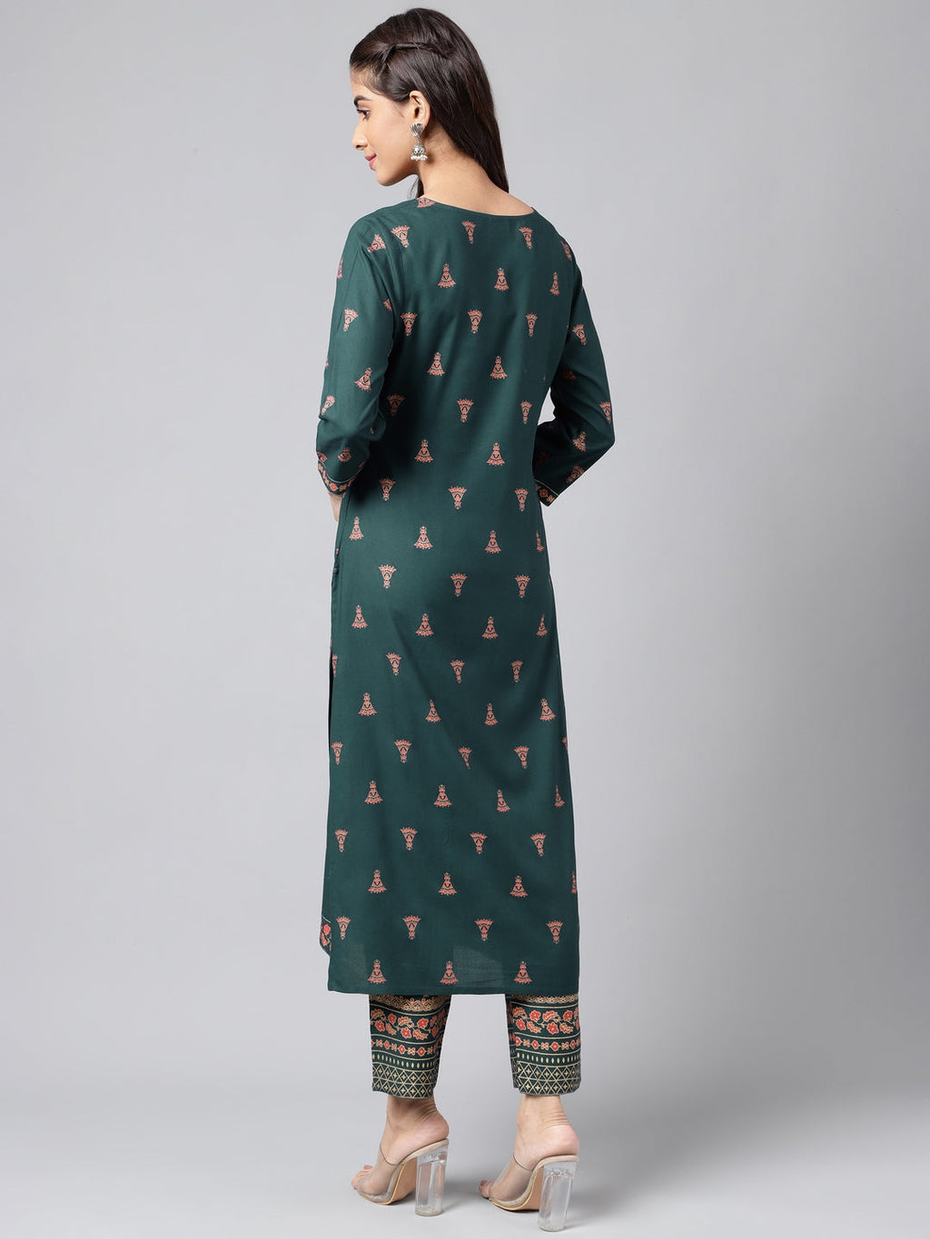 Janasya Women's Teal Green Rayon Foil Printed Straight Casual Kurta Set | Grocsy