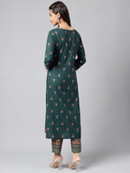 Janasya Women's Teal Green Rayon Foil Printed Straight Casual Kurta Set | Grocsy