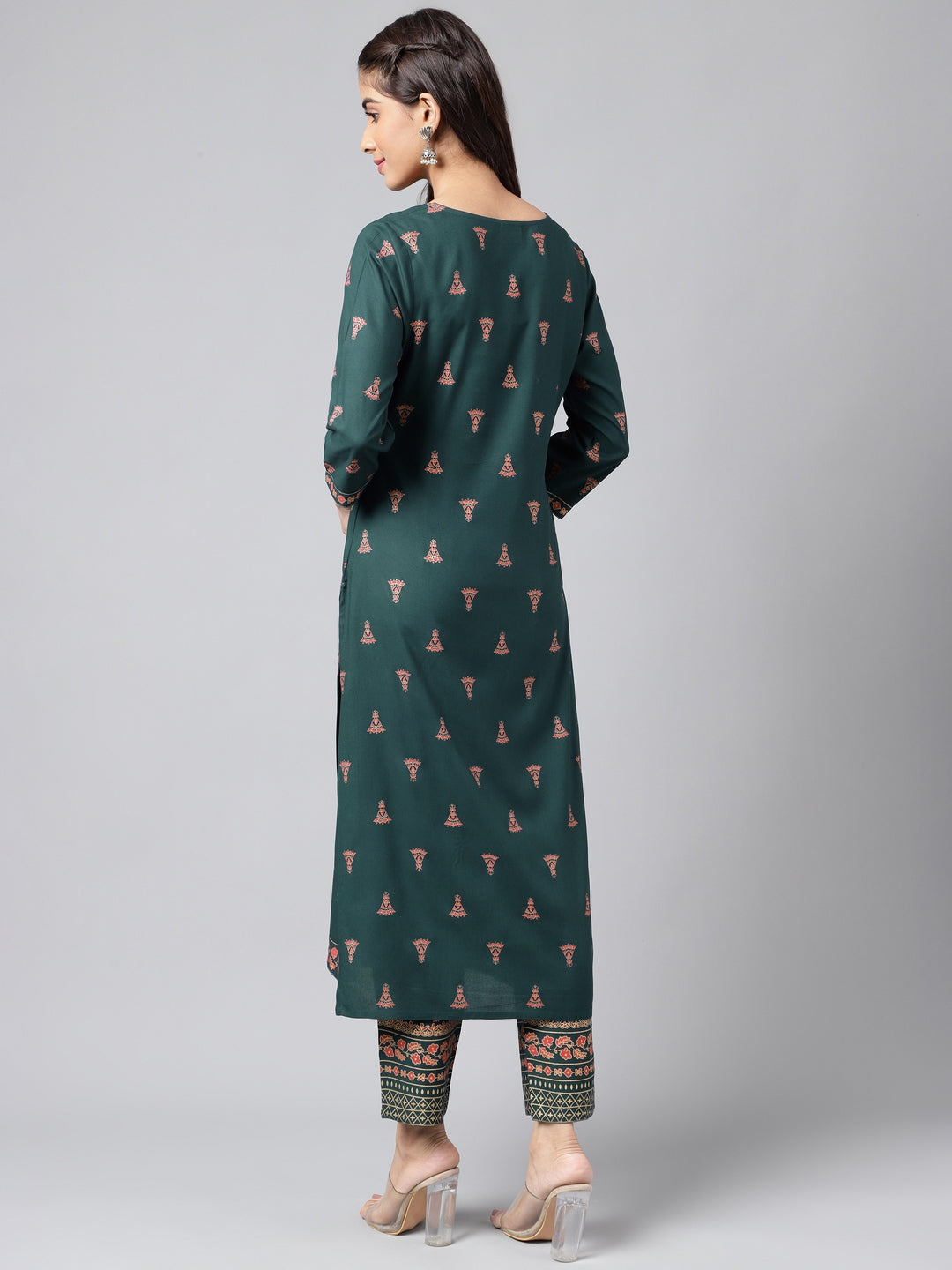 Janasya Women's Teal Green Rayon Foil Printed Straight Casual Kurta Set | Grocsy