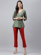 Janasya Women's Green Crepe Foil Printed Angrakha Casual Top Set | Grocsy