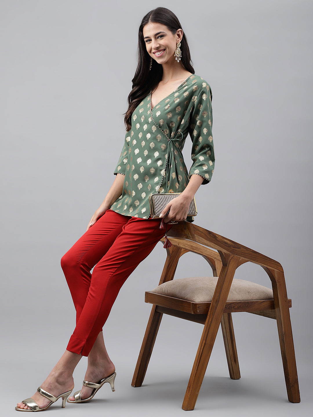 Janasya Women's Green Crepe Foil Printed Angrakha Casual Top Set | Grocsy