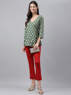 Janasya Women's Green Crepe Foil Printed Angrakha Casual Top Set | Grocsy