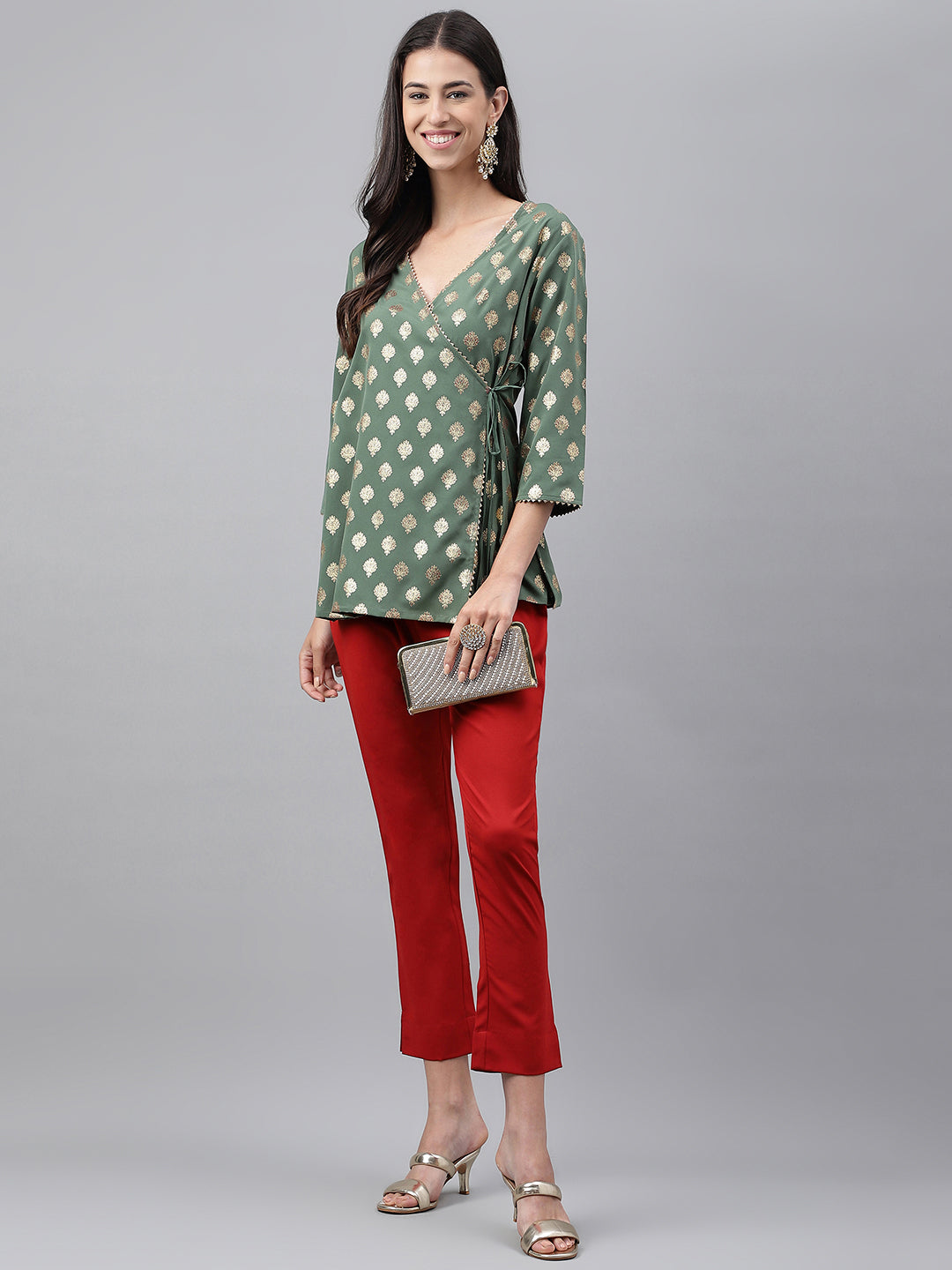 Janasya Women's Green Crepe Foil Printed Angrakha Casual Top Set | Grocsy