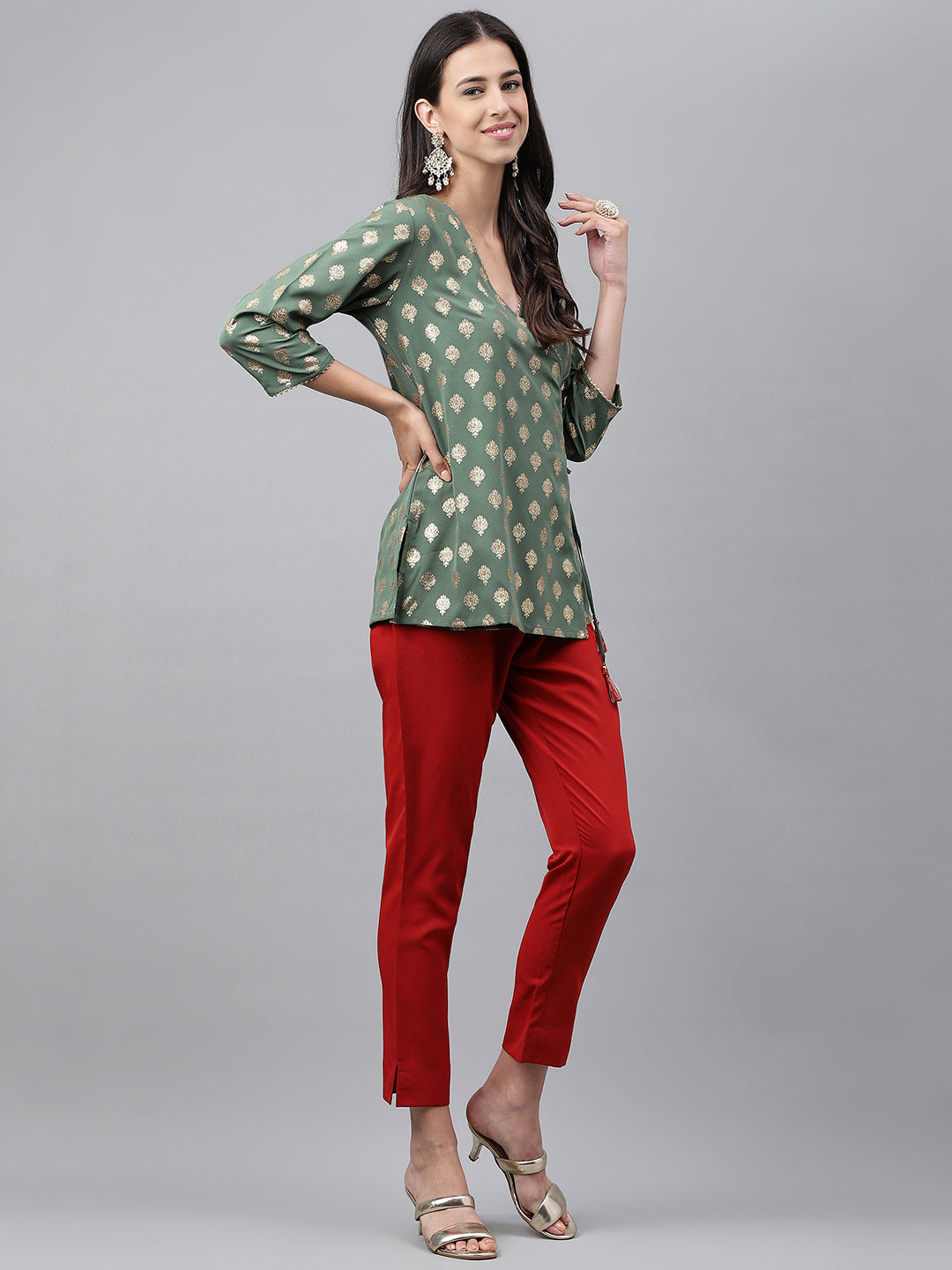 Janasya Women's Green Crepe Foil Printed Angrakha Casual Top Set | Grocsy