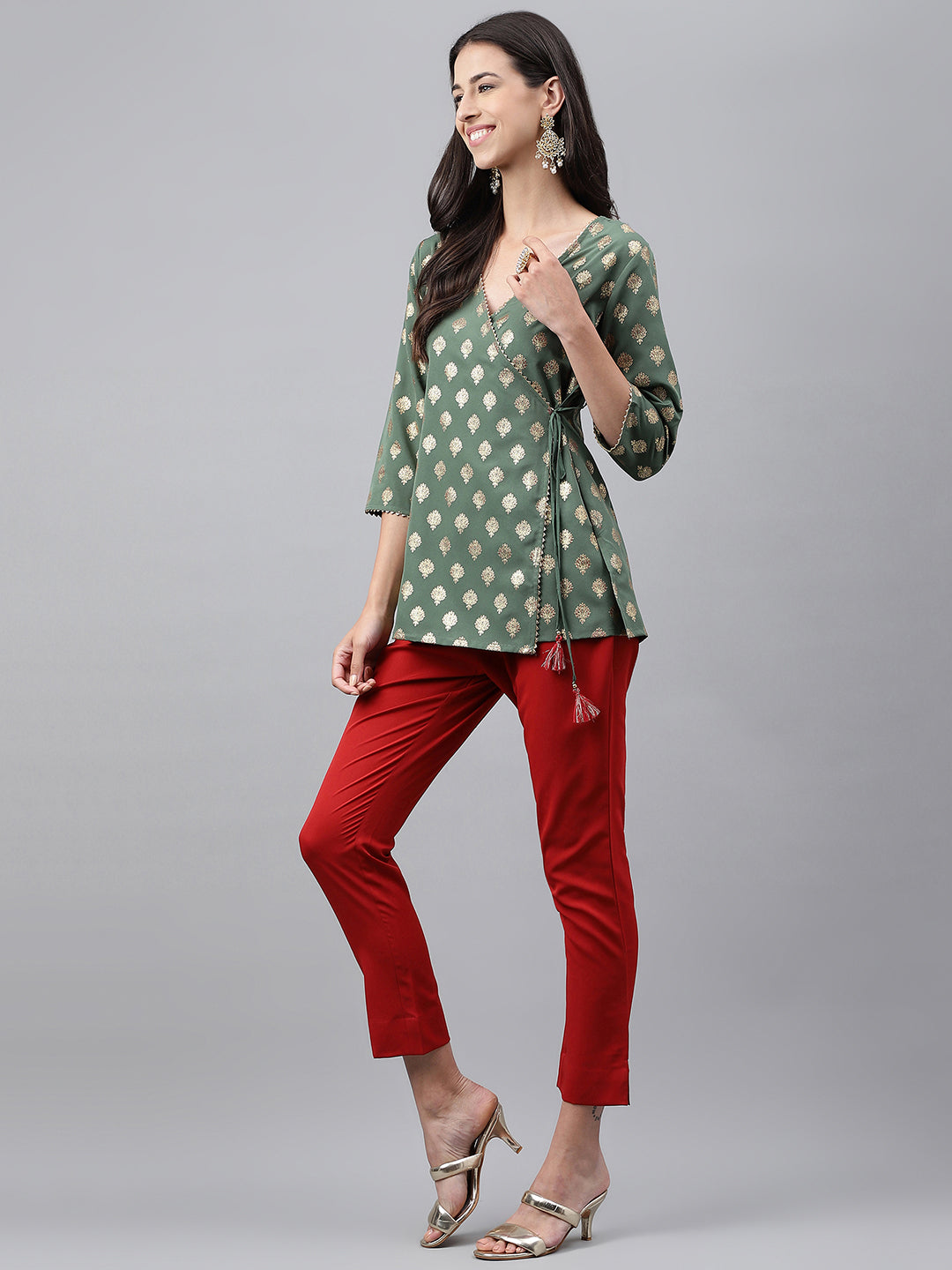 Janasya Women's Green Crepe Foil Printed Angrakha Casual Top Set | Grocsy