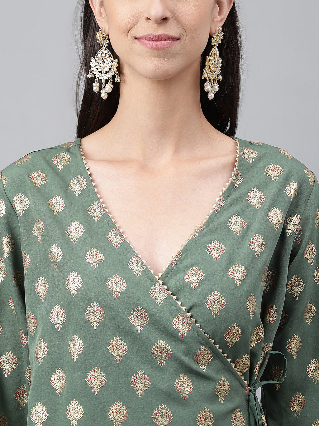 Janasya Women's Green Crepe Foil Printed Angrakha Casual Top Set | Grocsy
