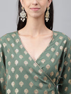 Janasya Women's Green Crepe Foil Printed Angrakha Casual Top Set | Grocsy