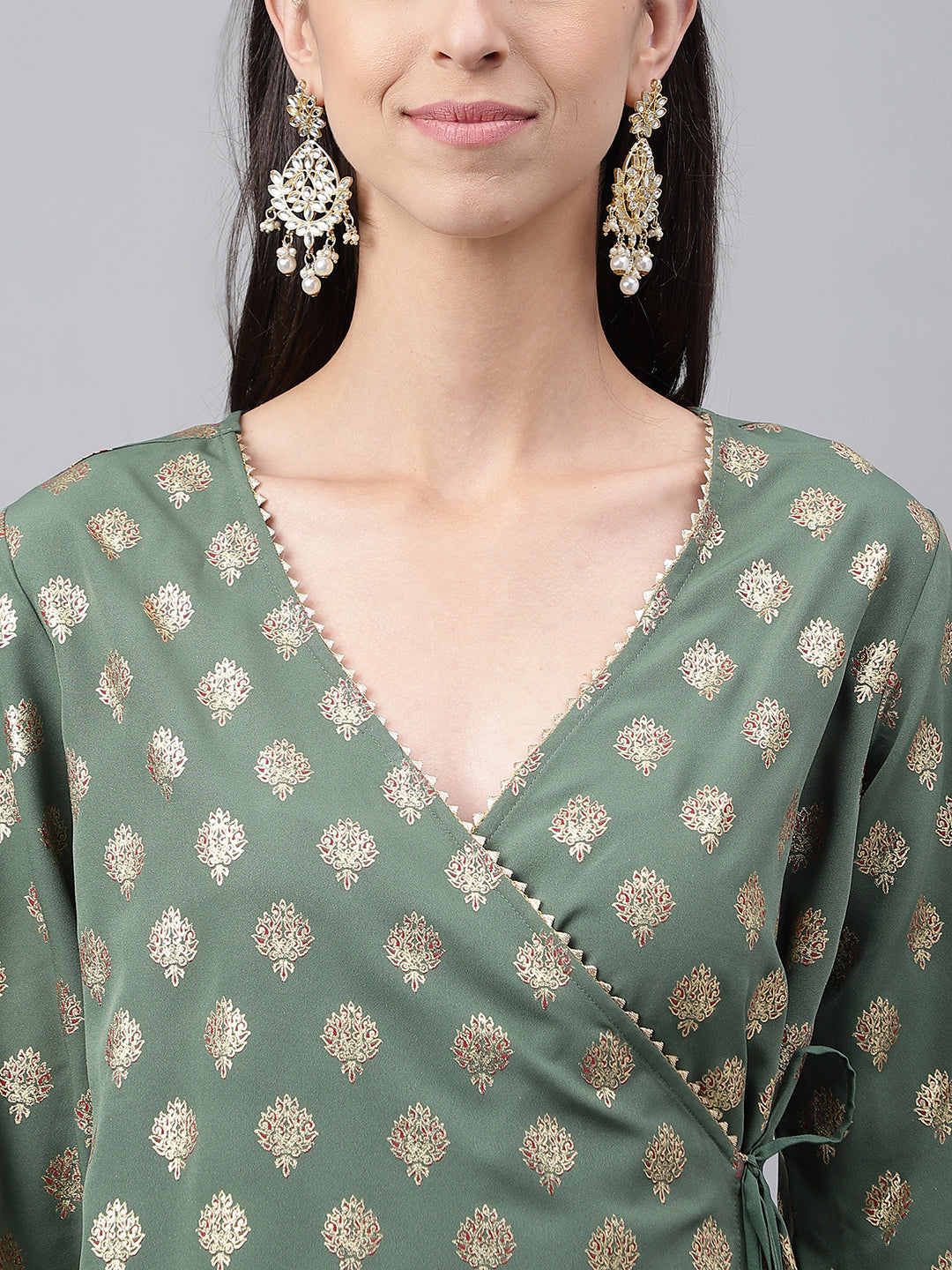 Janasya Women's Green Crepe Foil Printed Angrakha Casual Top Set | Grocsy