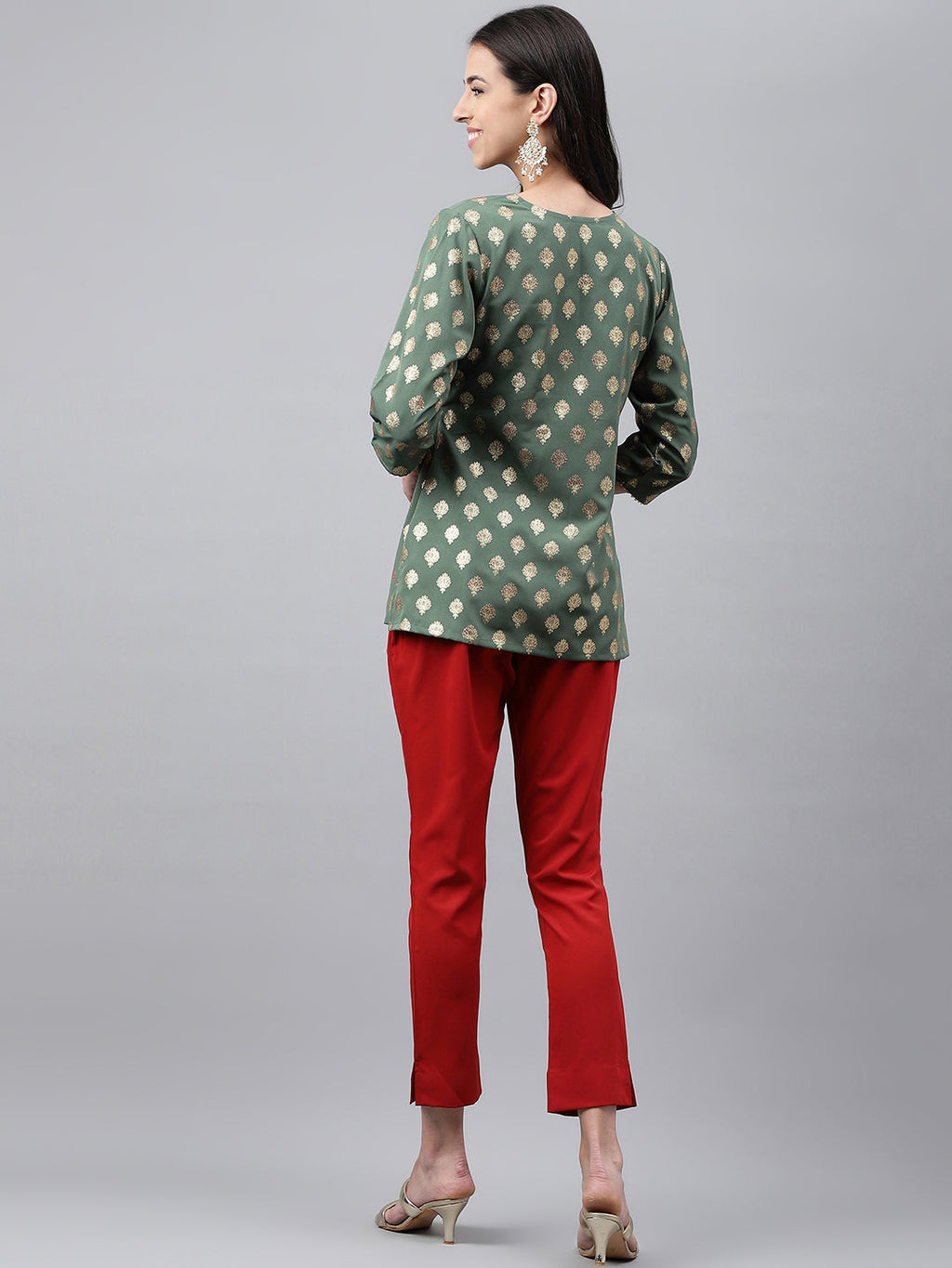 Janasya Women's Green Crepe Foil Printed Angrakha Casual Top Set | Grocsy