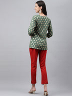 Janasya Women's Green Crepe Foil Printed Angrakha Casual Top Set | Grocsy