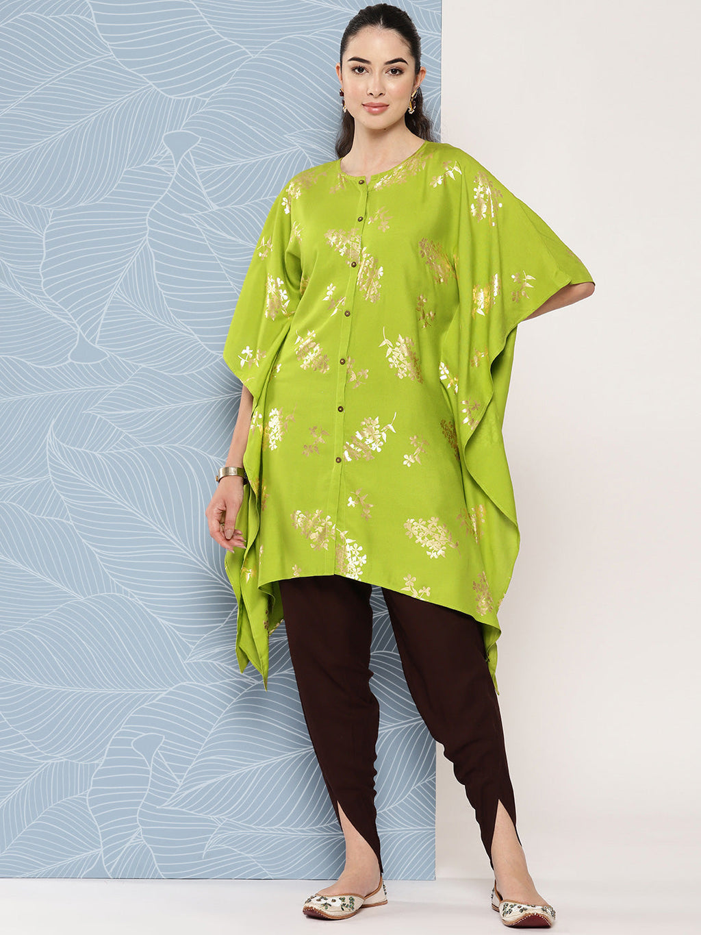 Janasya Women's Lime Green Rayon Foil Printed Kaftan Festive Kurta Set | Grocsy