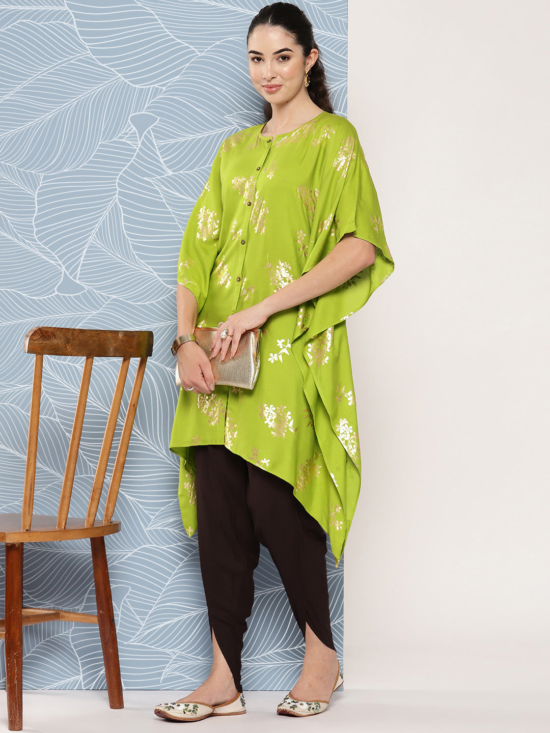 Janasya Women's Lime Green Rayon Foil Printed Kaftan Festive Kurta Set | Grocsy
