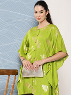 Janasya Women's Lime Green Rayon Foil Printed Kaftan Festive Kurta Set | Grocsy