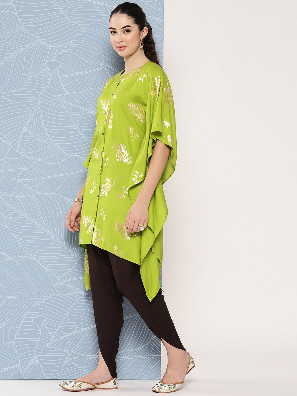 Janasya Women's Lime Green Rayon Foil Printed Kaftan Festive Kurta Set | Grocsy