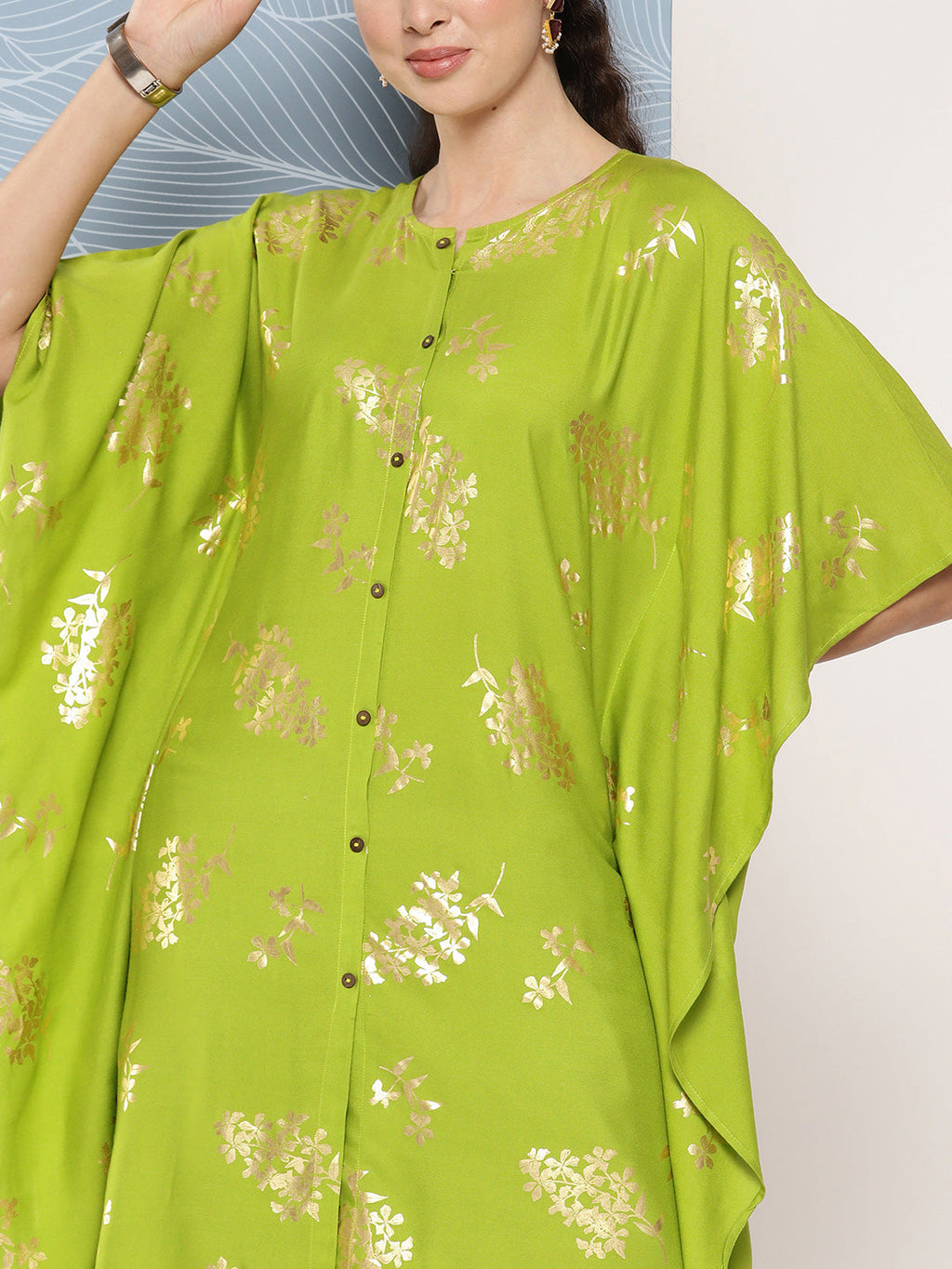 Janasya Women's Lime Green Rayon Foil Printed Kaftan Festive Kurta Set | Grocsy