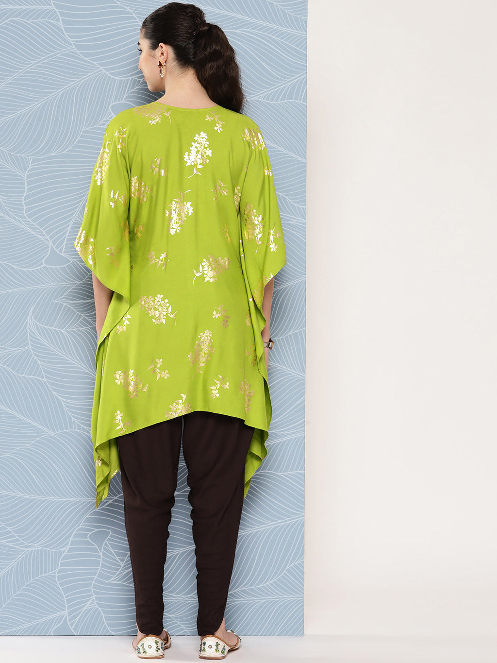 Janasya Women's Lime Green Rayon Foil Printed Kaftan Festive Kurta Set | Grocsy