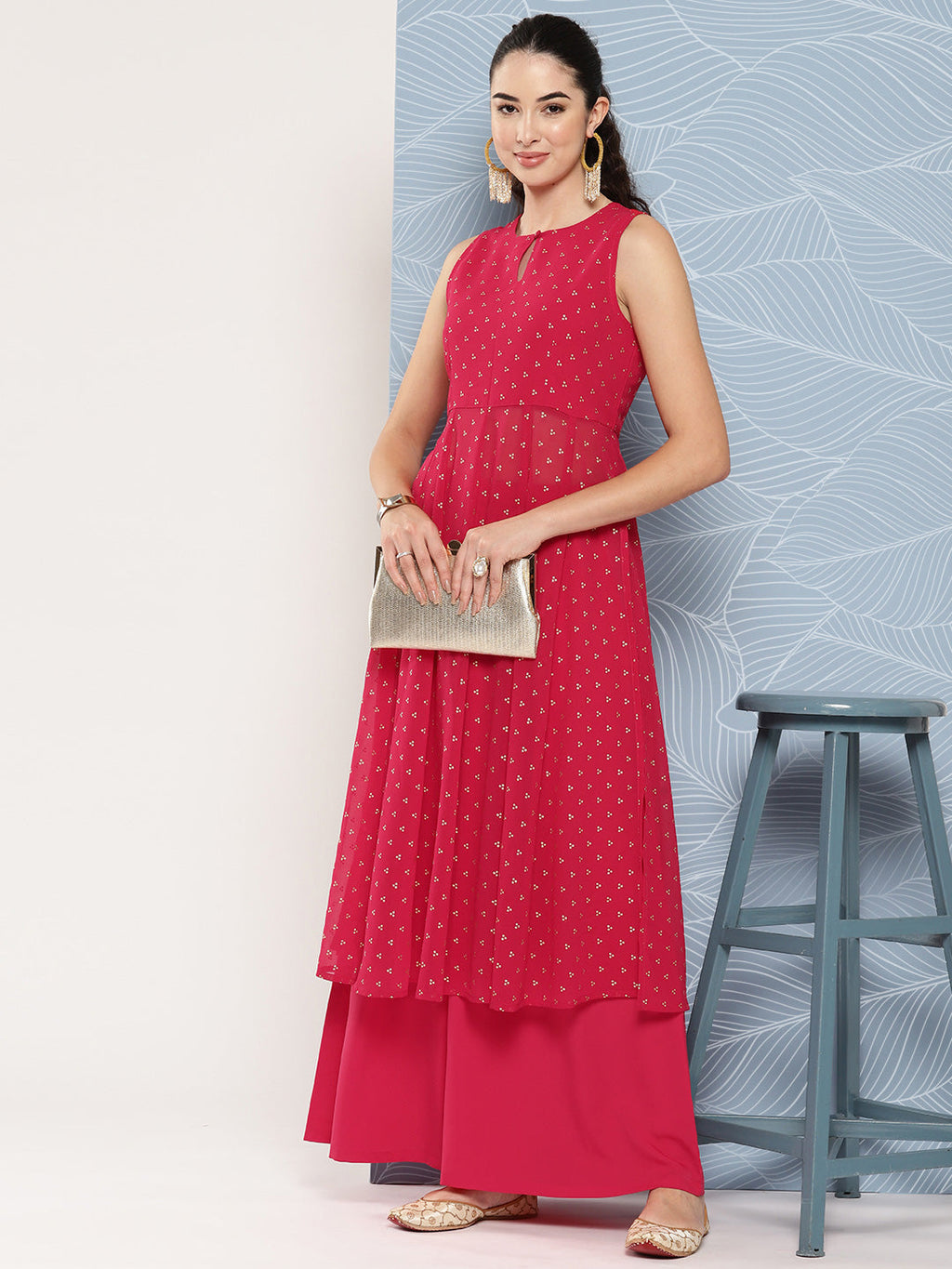 Janasya Women's Pink Georgette Foil Printed Panelled Festive Kurta Set | Grocsy