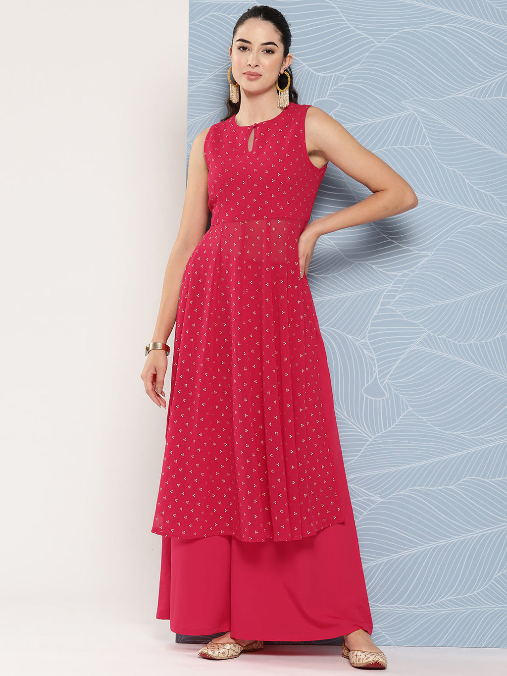 Janasya Women's Pink Georgette Foil Printed Panelled Festive Kurta Set | Grocsy