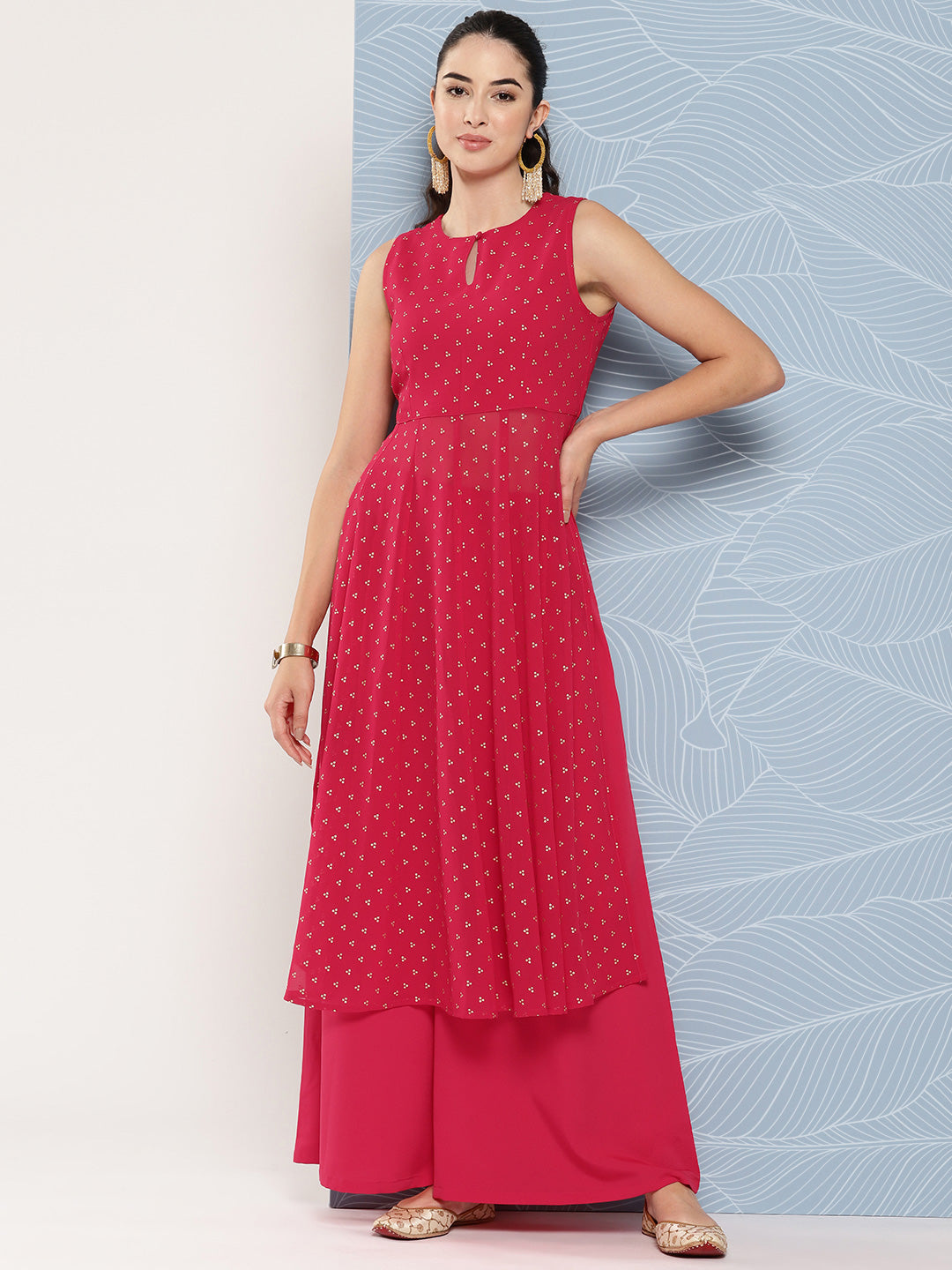 Janasya Women's Pink Georgette Foil Printed Panelled Festive Kurta Set | Grocsy