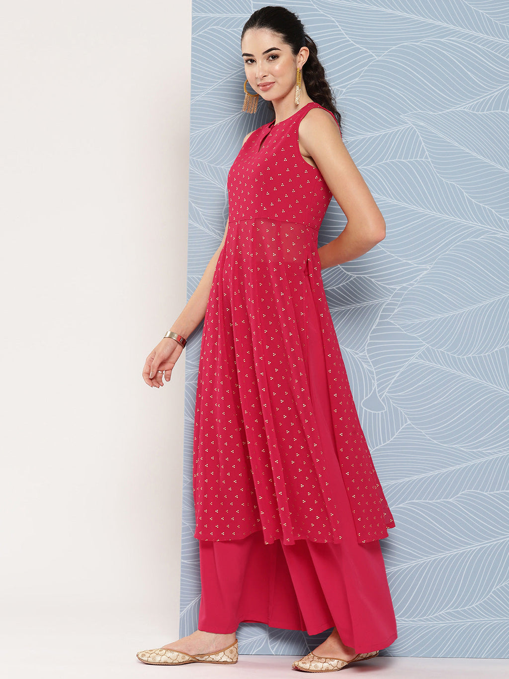 Janasya Women's Pink Georgette Foil Printed Panelled Festive Kurta Set | Grocsy