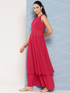 Janasya Women's Pink Georgette Foil Printed Panelled Festive Kurta Set | Grocsy