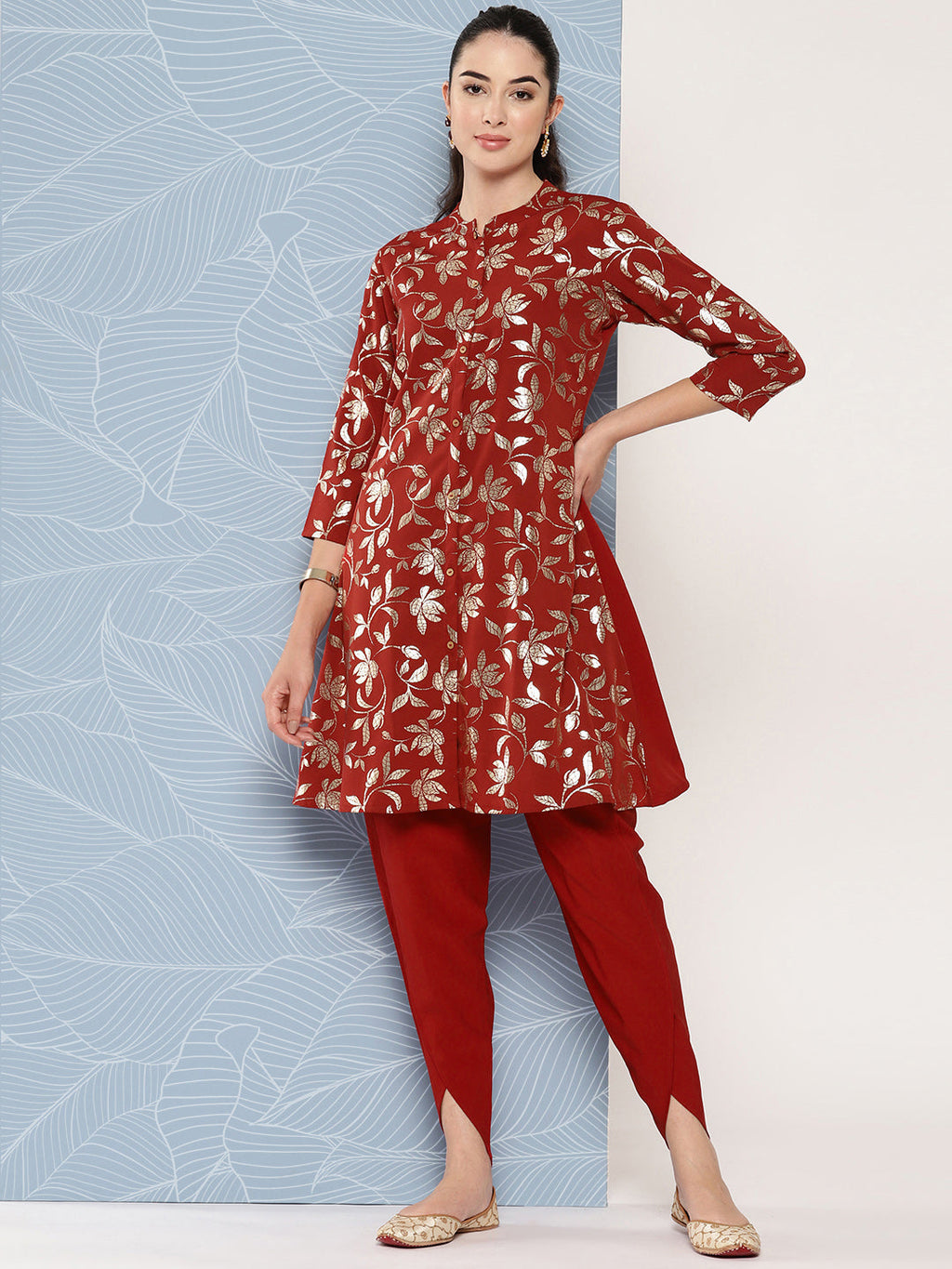 Janasya Women's Brick Red Crepe Foil Printed A-line Festive Tunic Set | Grocsy