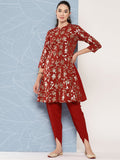 Janasya Women's Brick Red Crepe Foil Printed A-line Festive Tunic Set | Grocsy