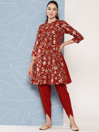 Janasya Women's Brick Red Crepe Foil Printed A-line Festive Tunic Set | Grocsy