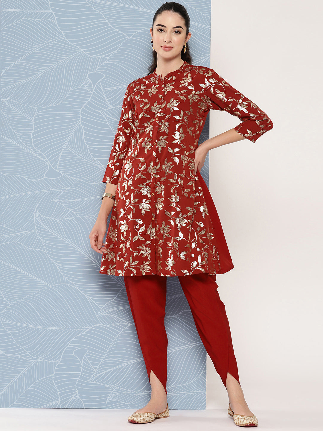 Janasya Women's Brick Red Crepe Foil Printed A-line Festive Tunic Set | Grocsy