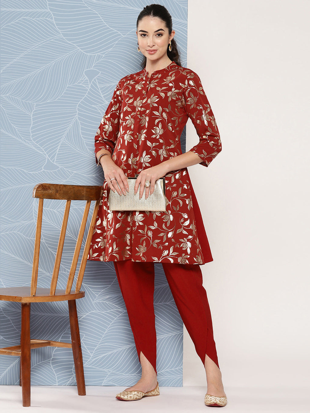 Janasya Women's Brick Red Crepe Foil Printed A-line Festive Tunic Set | Grocsy