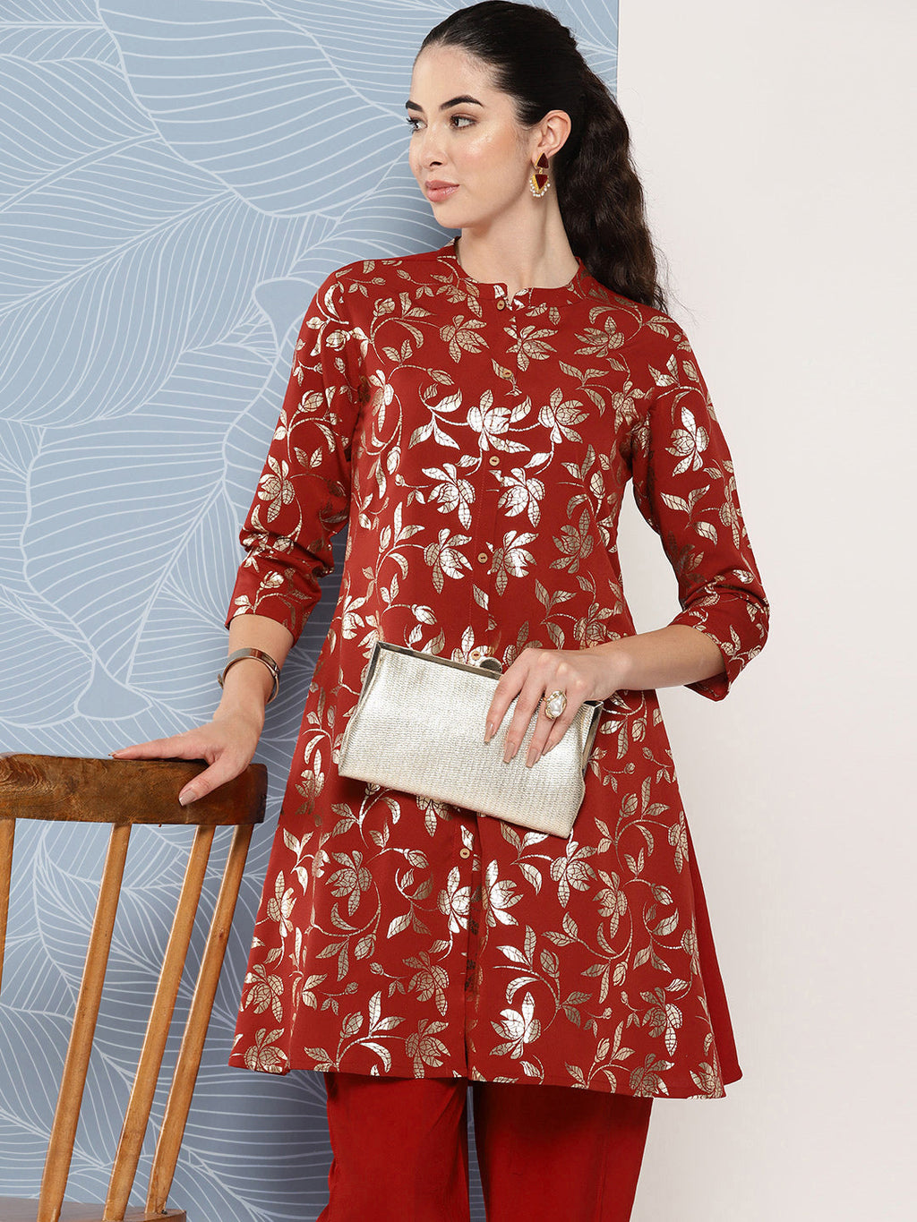 Janasya Women's Brick Red Crepe Foil Printed A-line Festive Tunic Set | Grocsy