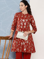 Janasya Women's Brick Red Crepe Foil Printed A-line Festive Tunic Set | Grocsy