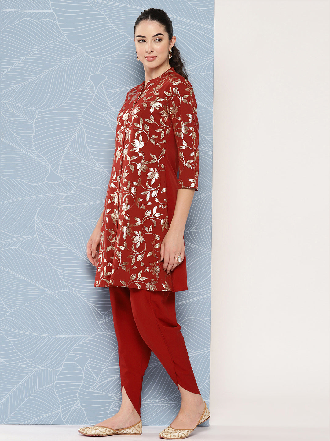Janasya Women's Brick Red Crepe Foil Printed A-line Festive Tunic Set | Grocsy