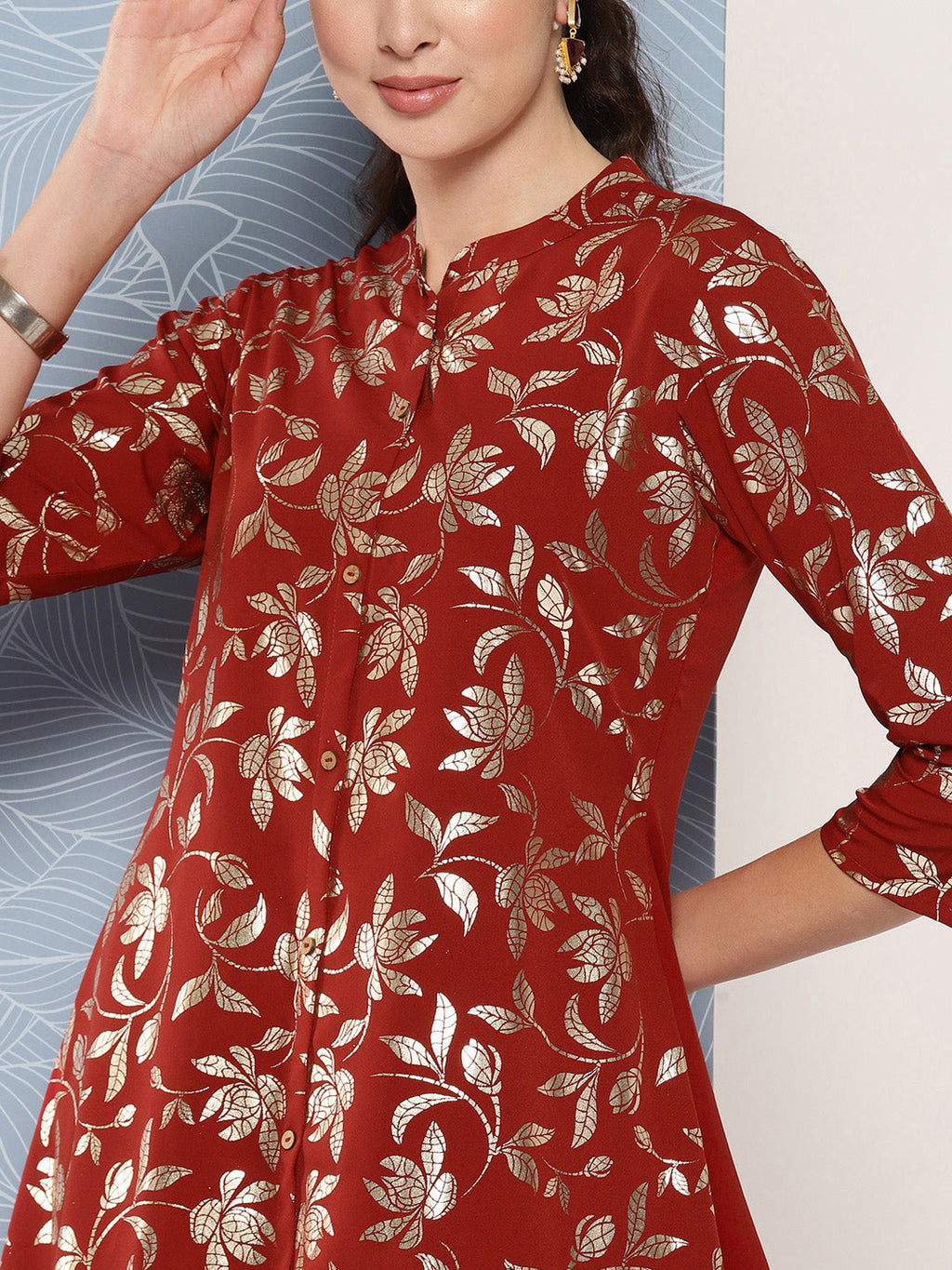 Janasya Women's Brick Red Crepe Foil Printed A-line Festive Tunic Set | Grocsy
