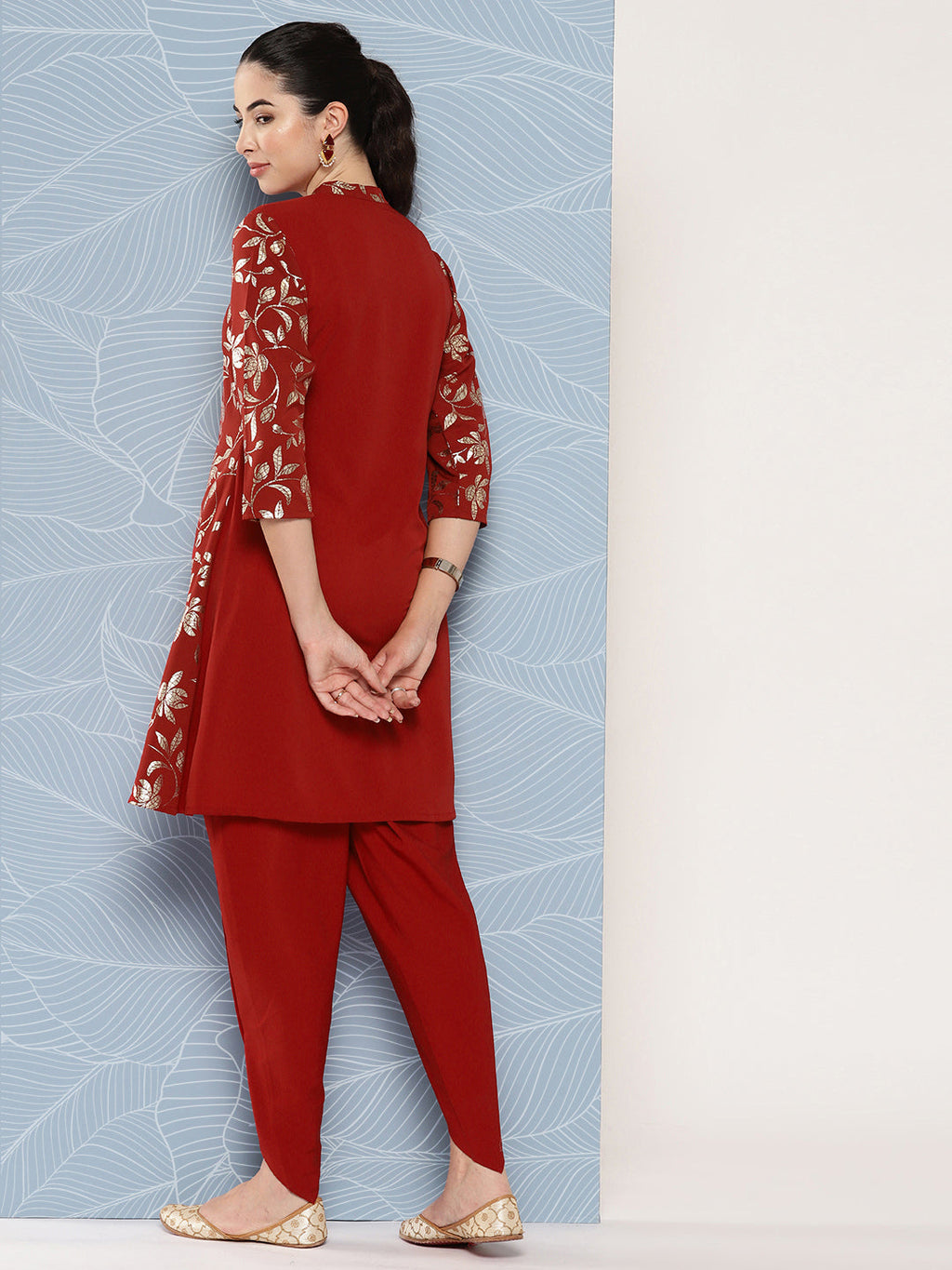 Janasya Women's Brick Red Crepe Foil Printed A-line Festive Tunic Set | Grocsy