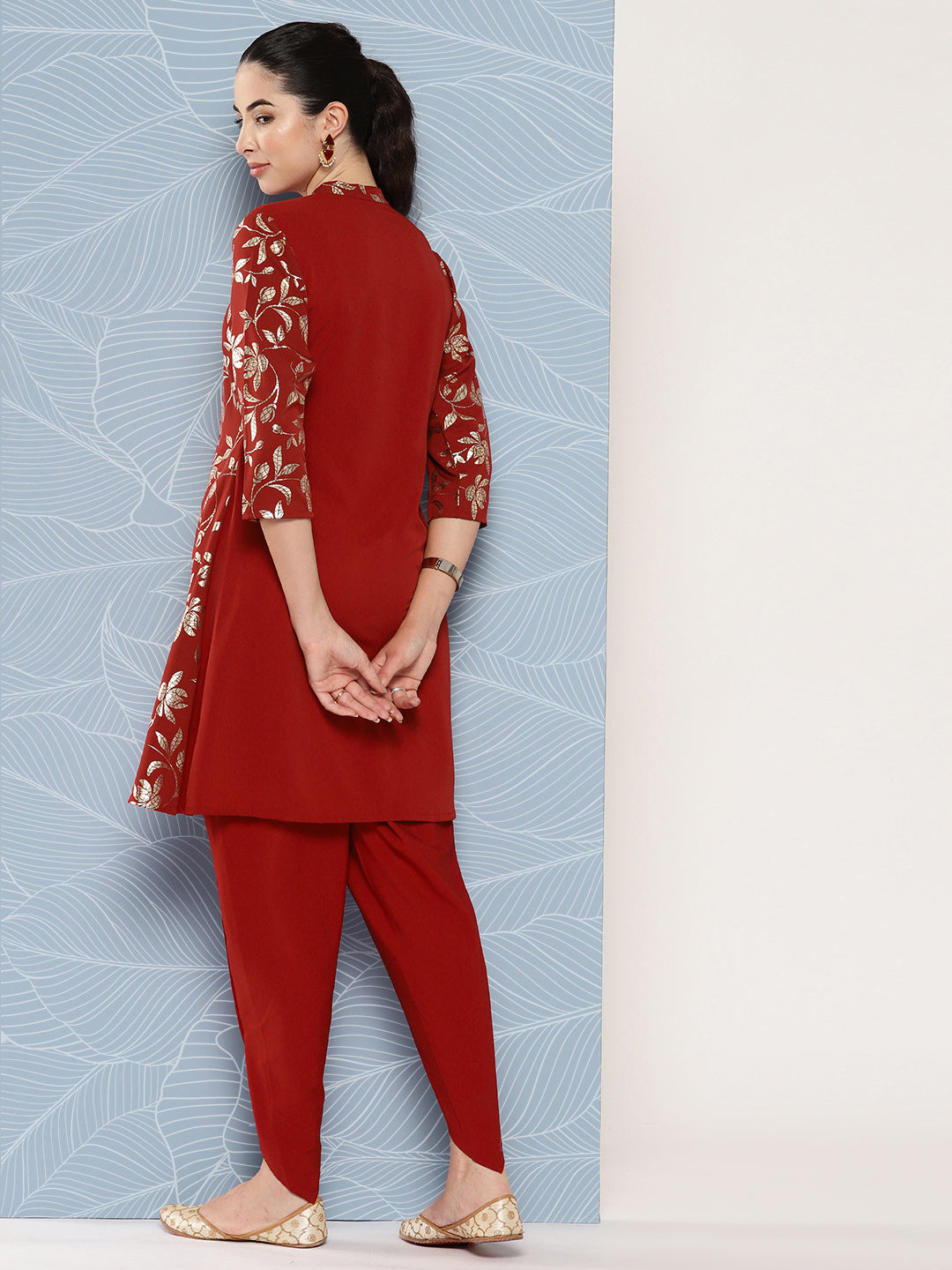 Janasya Women's Brick Red Crepe Foil Printed A-line Festive Tunic Set | Grocsy