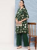 Janasya Women's Bottle Green Crepe Foil Printed A-line Festive Short Kurta Set | Grocsy